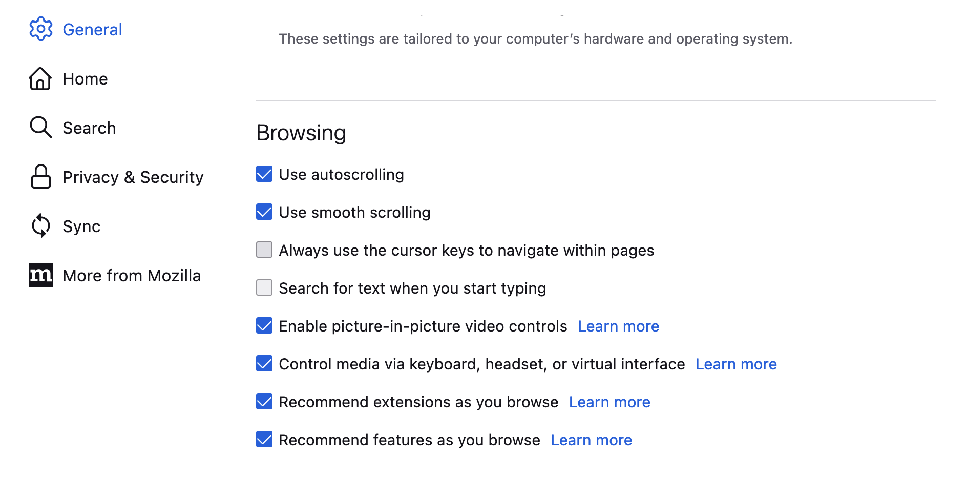 Browsing section in the General page 