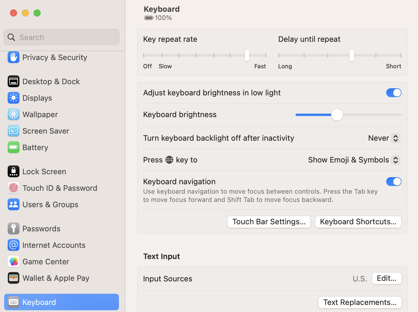 Keyboard page in System Preferences in Mac