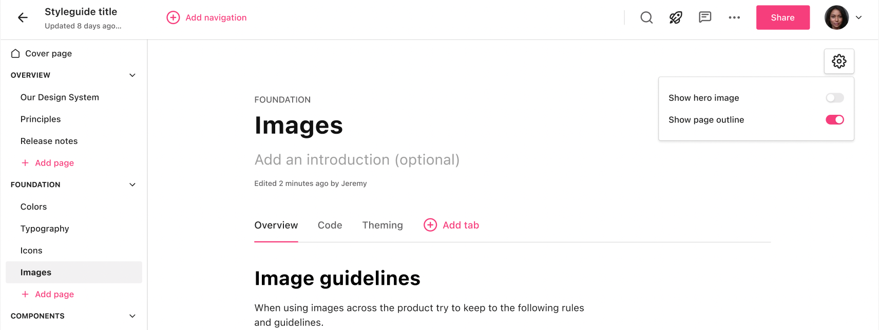 Page outline function toggled on