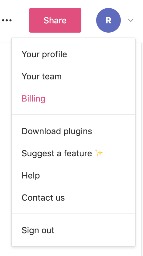 Billing hovered over in the user menu