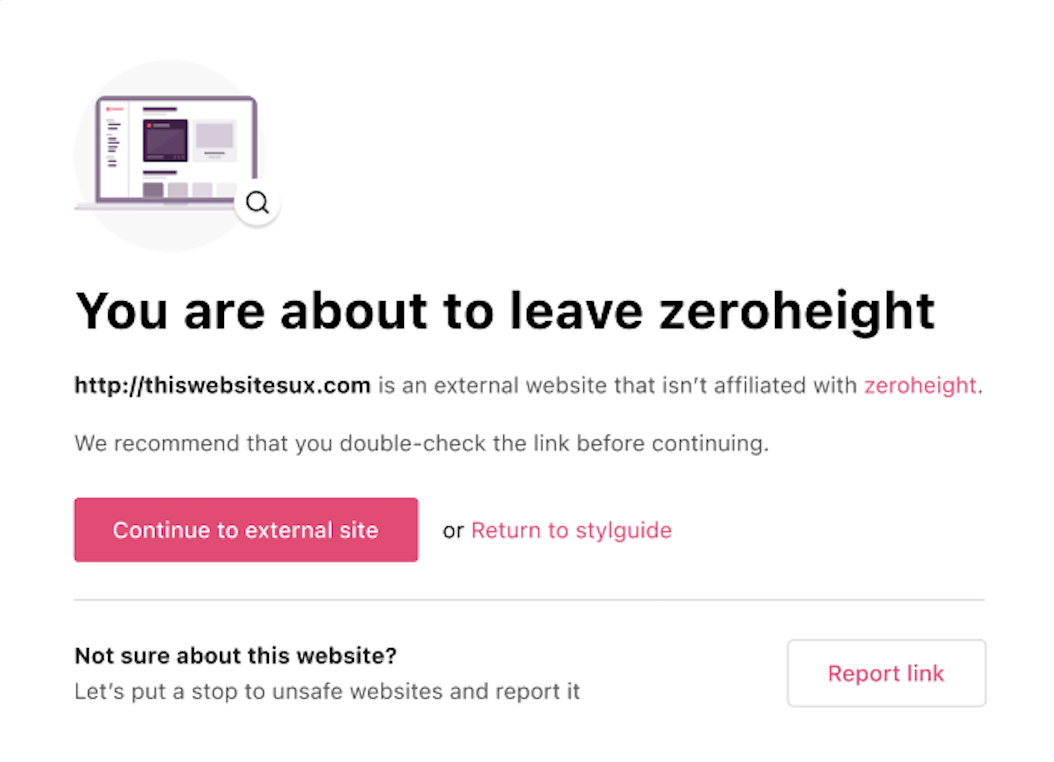 Pop up window warning viewers that they're leaving zeroheight