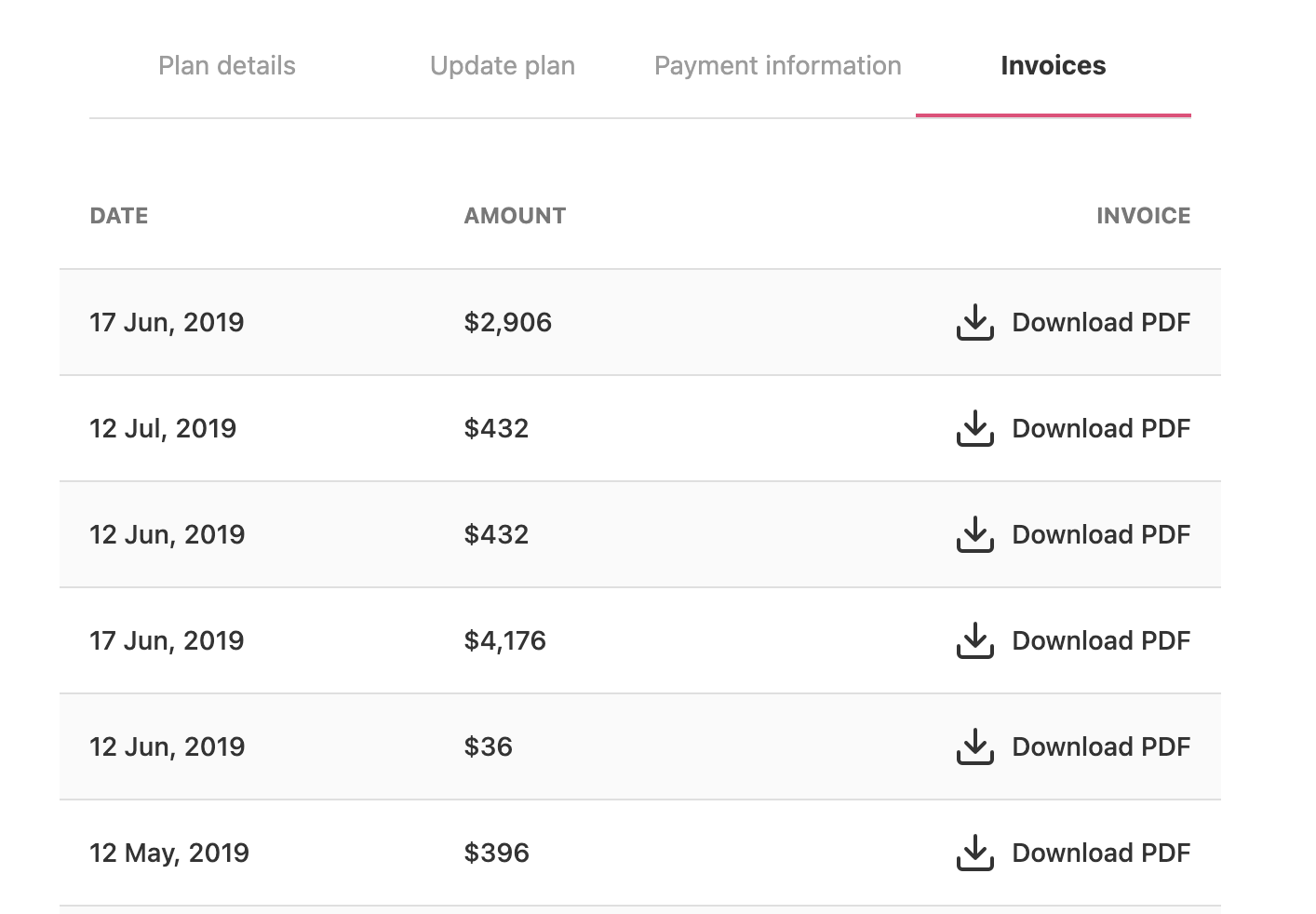 Download PDF function available next to each invoice