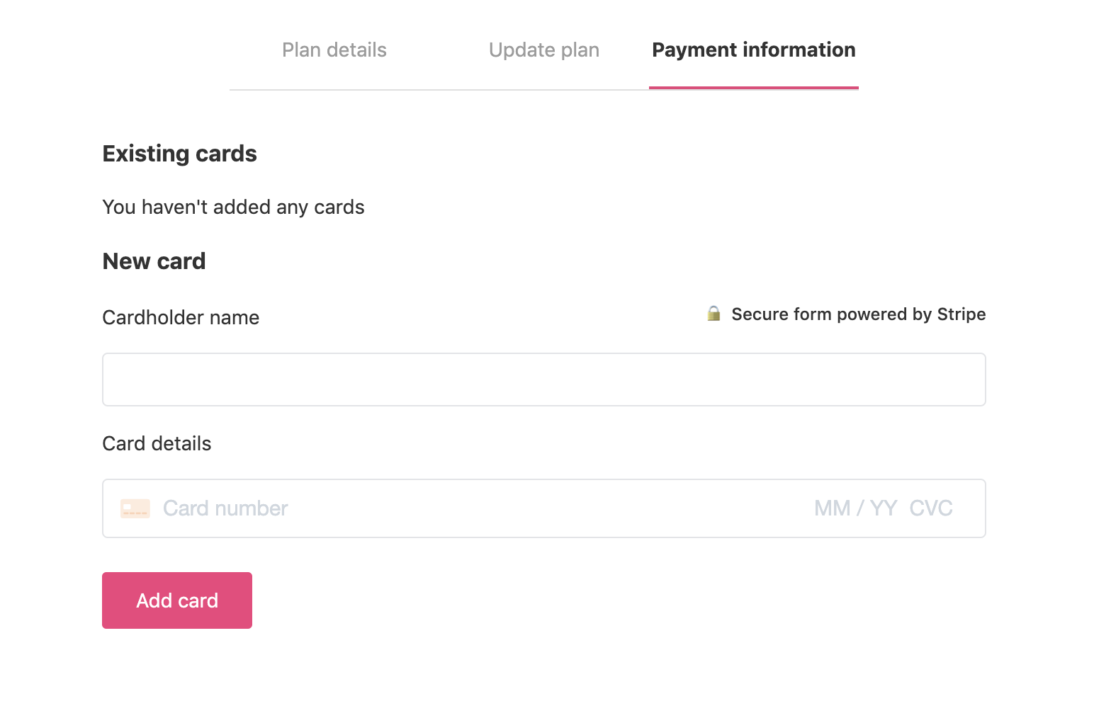 Payment information tab to add credit card details