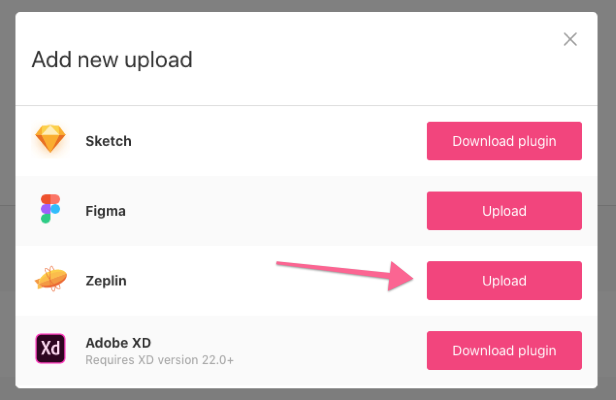 Arrow pointing to Upload button for Zeplin in design uploads window