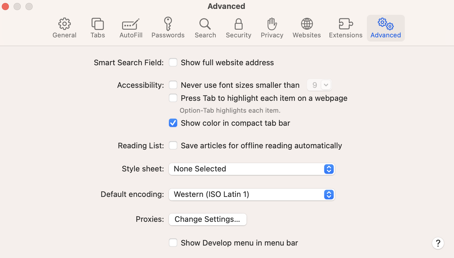 Safari advanced page