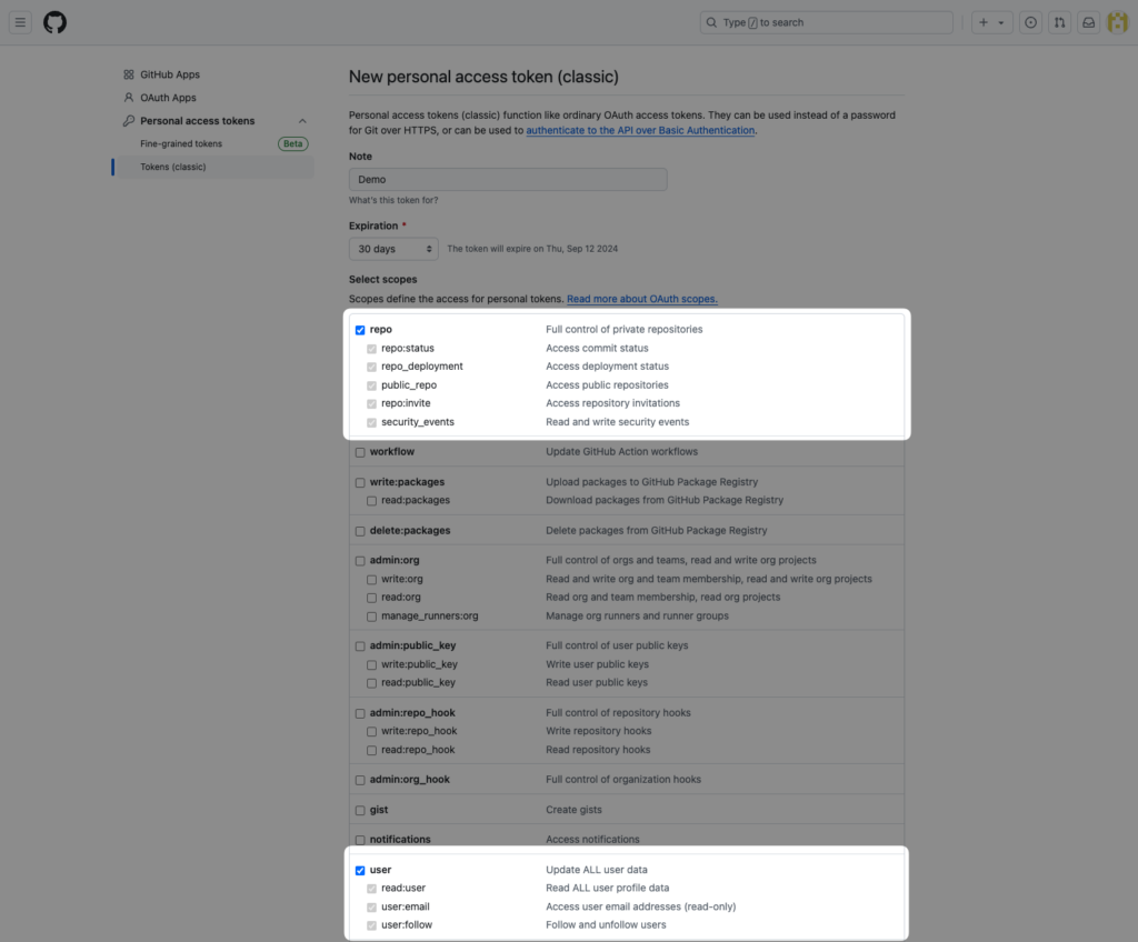 Screenshot of a personal access token being created in GitHub