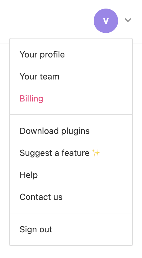 Billing hovered over in the user menu