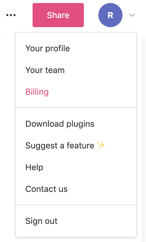 Billing hovered over in the user menu
