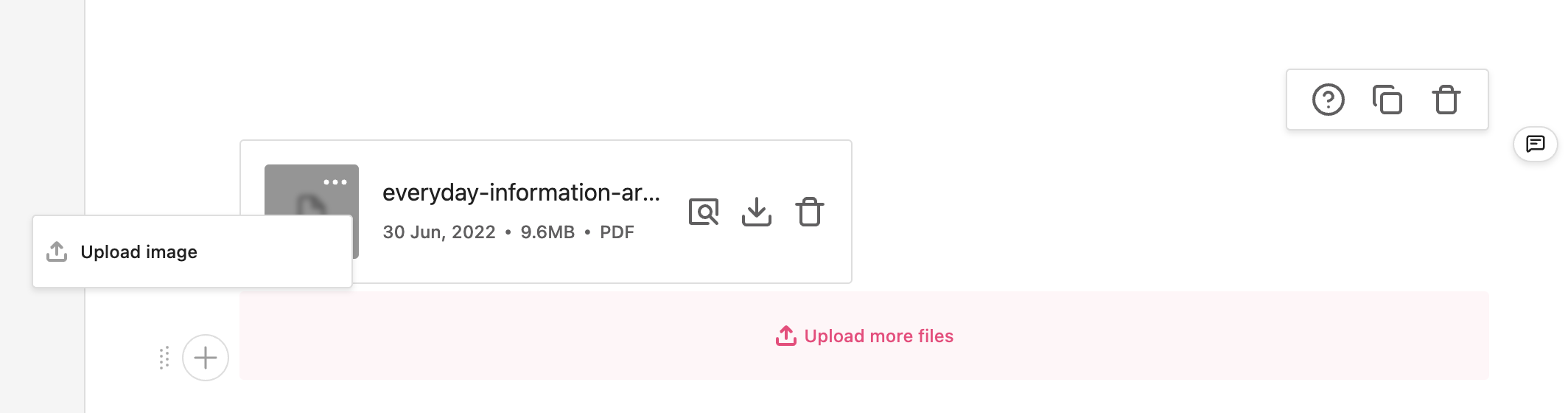 Upload image function available for files