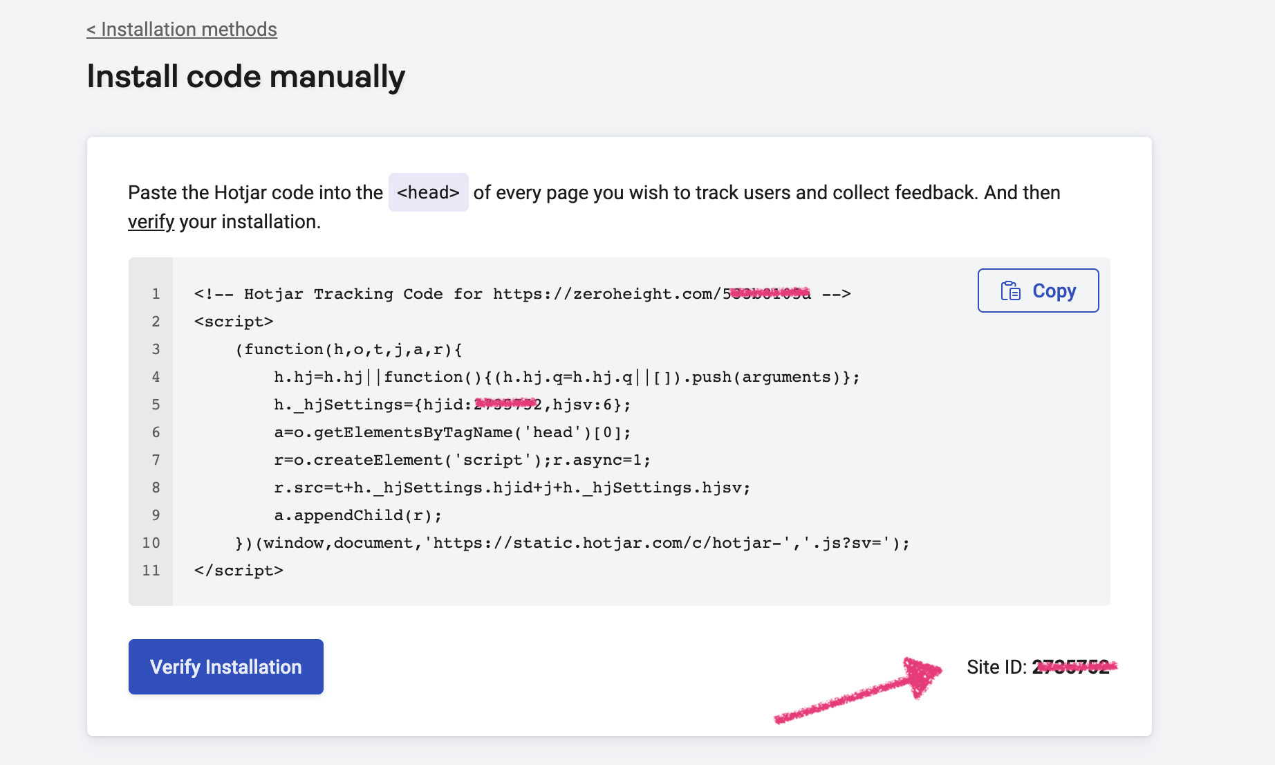 Hotjar window to grab Site ID