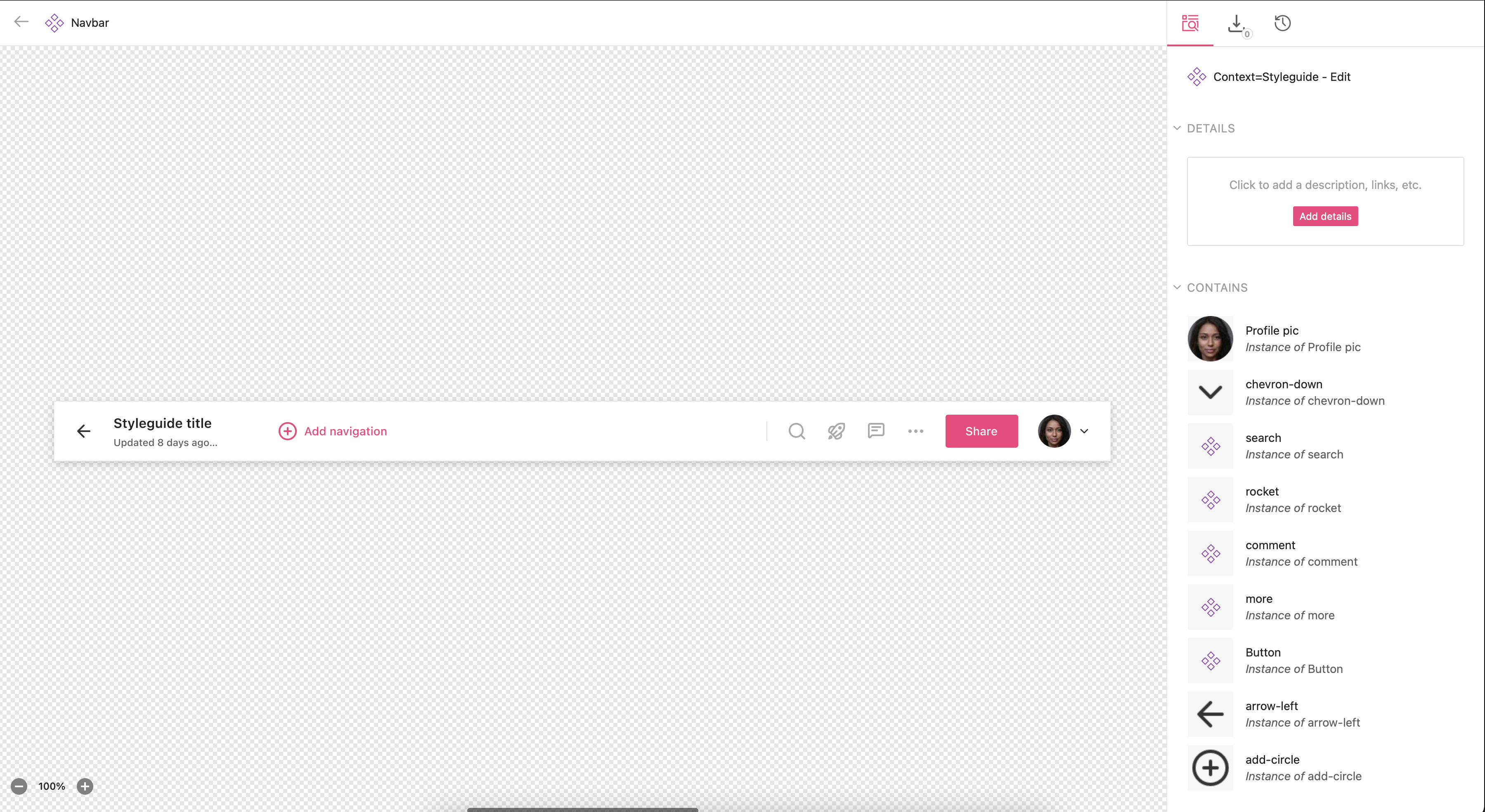 Inspect mode shows linked components for a navbar.