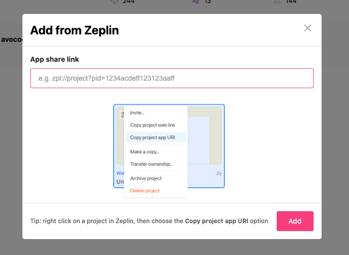Add to Zeplin screen grab. Showing how to add a Zeplin project URI into zeroheight.