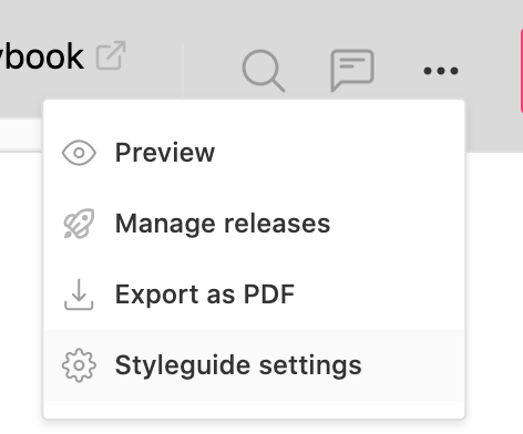 Styleguide settings hovered in three dots menu