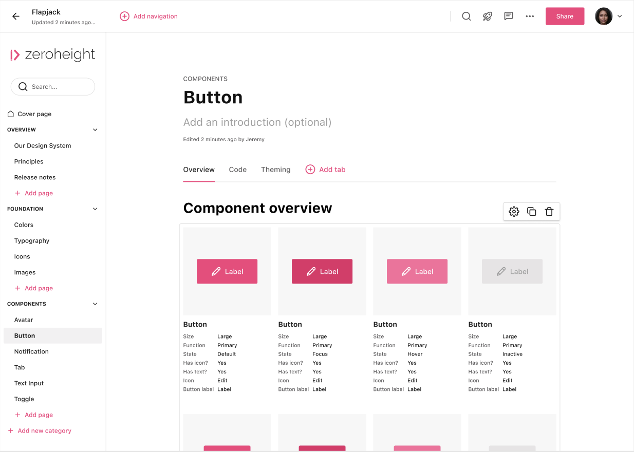 Component properties are displayed for button components in zeroheight.