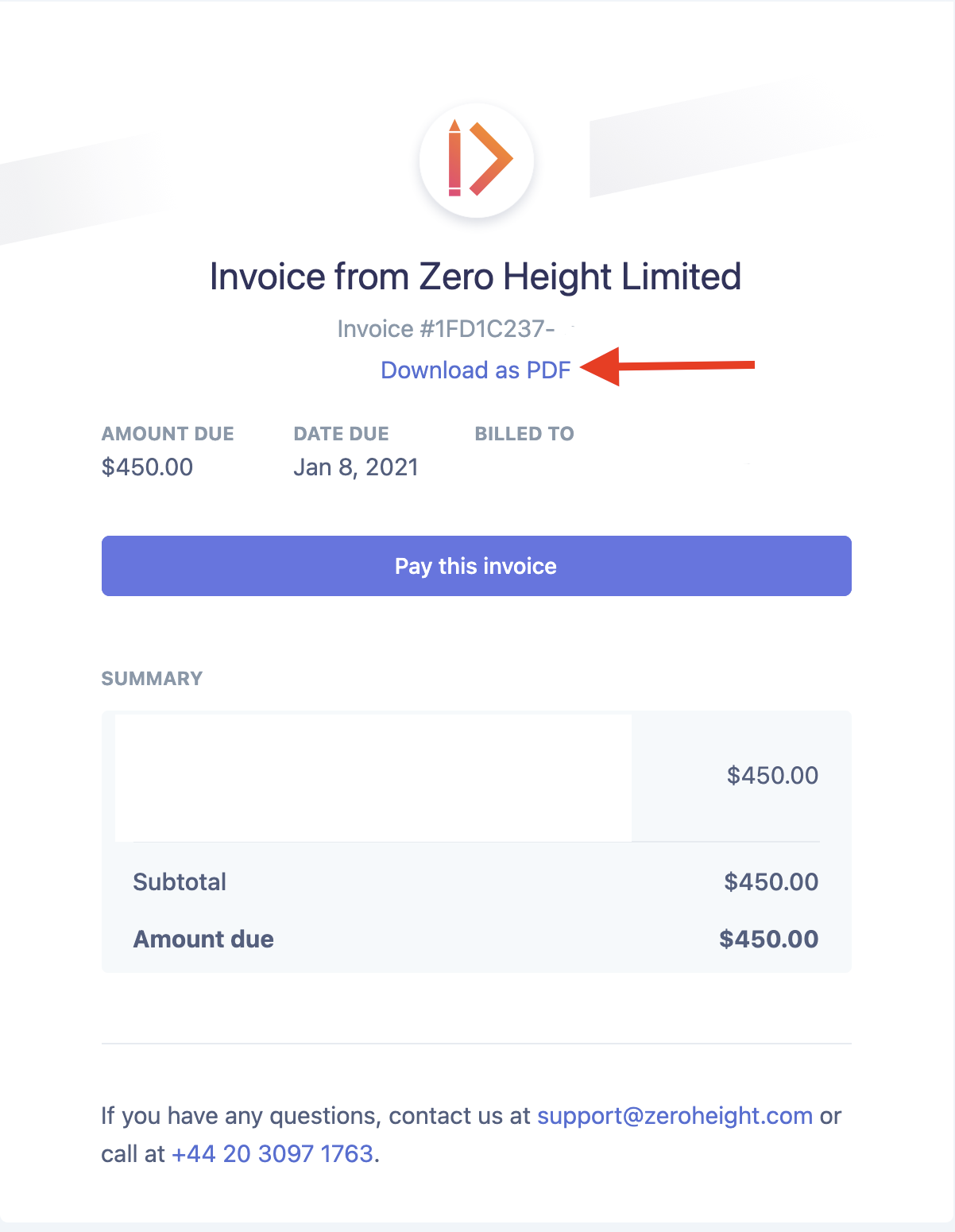 Red arrow pointing to the Download as PDF function in invoice