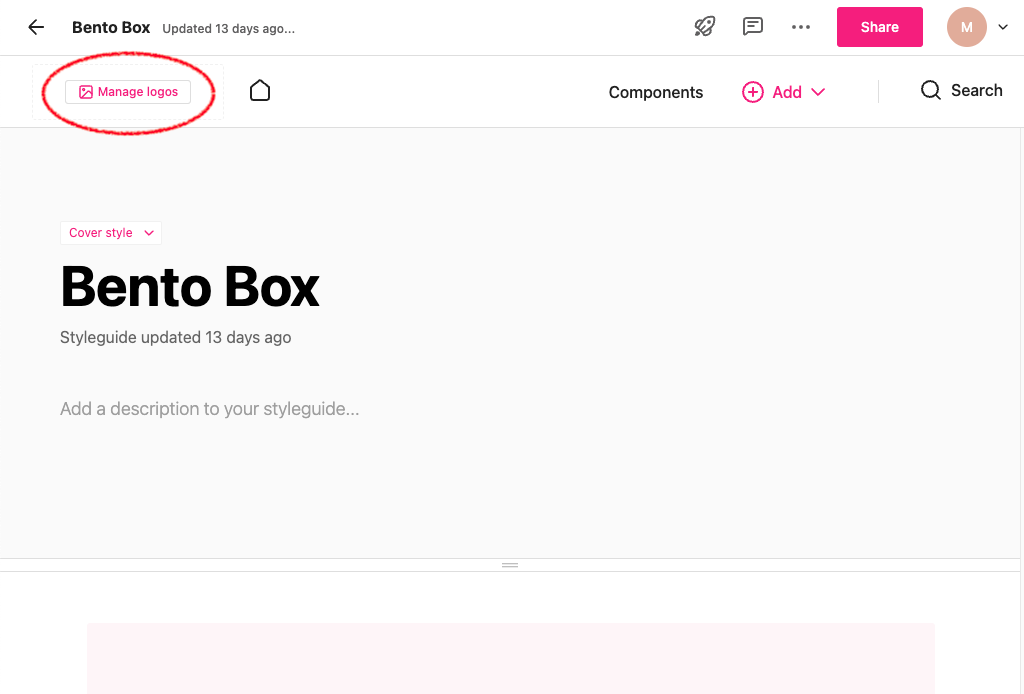 Screenshot of zeroheight with the Manage logos button in the top left corner highlighted