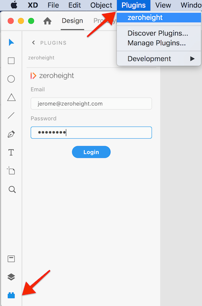Arrow pointing to the Plugins panel in Adobe XD.