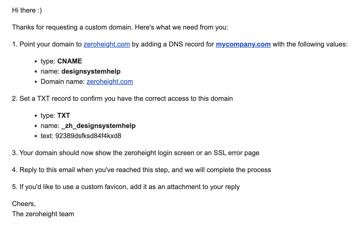 email showing instructions on setting up DNS records