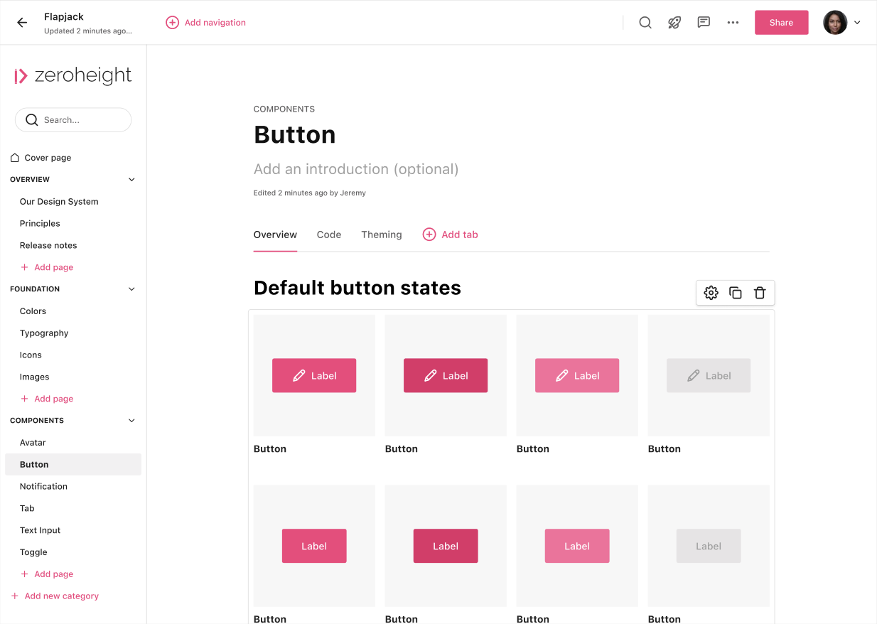Button page displays button instances.