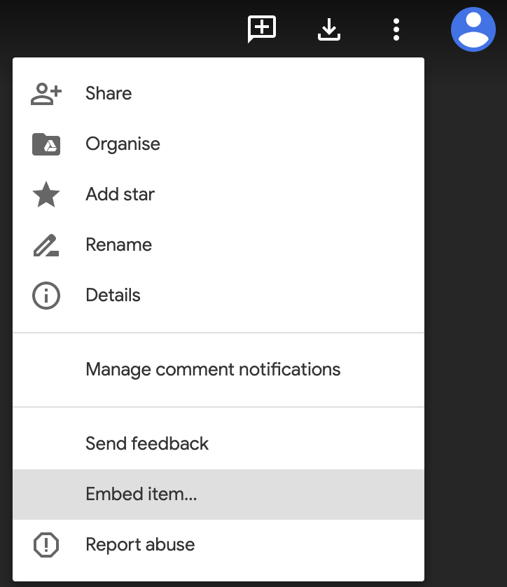 Embed item function hovered over