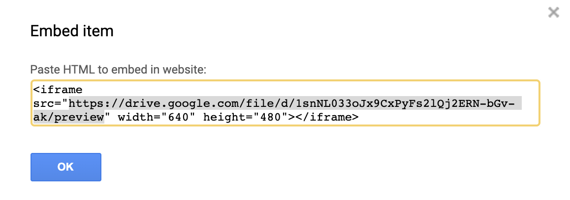 Copy URL in the Embed item window