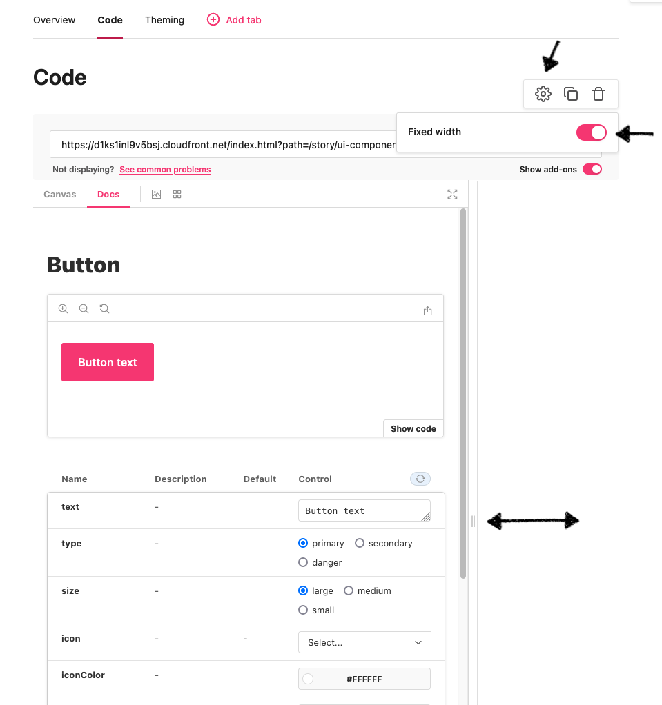 Arrow points to settings. Arrow pointing to fixed width setting toggled on. Arrows show you can move the iFrame horizontally.