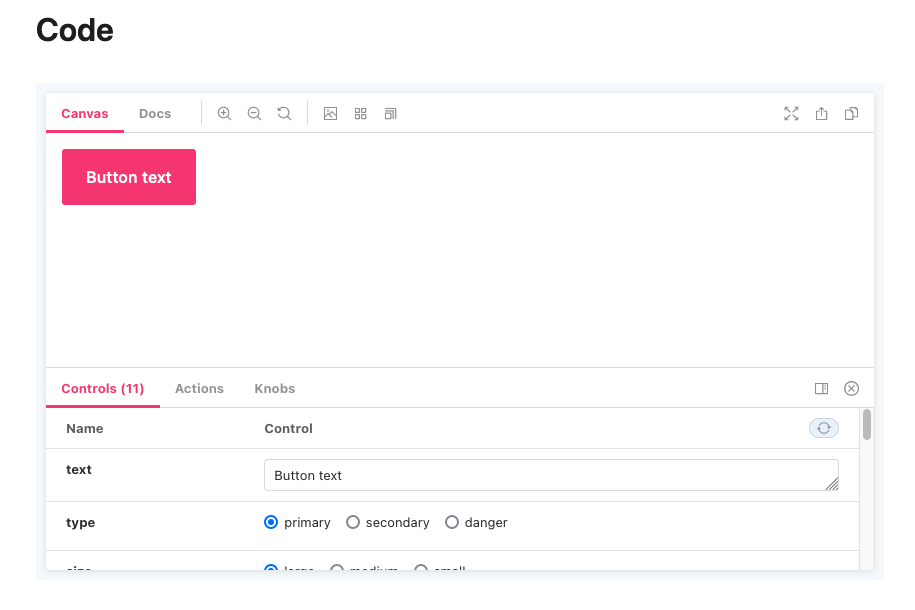 Storybook iFrame displayed with default size