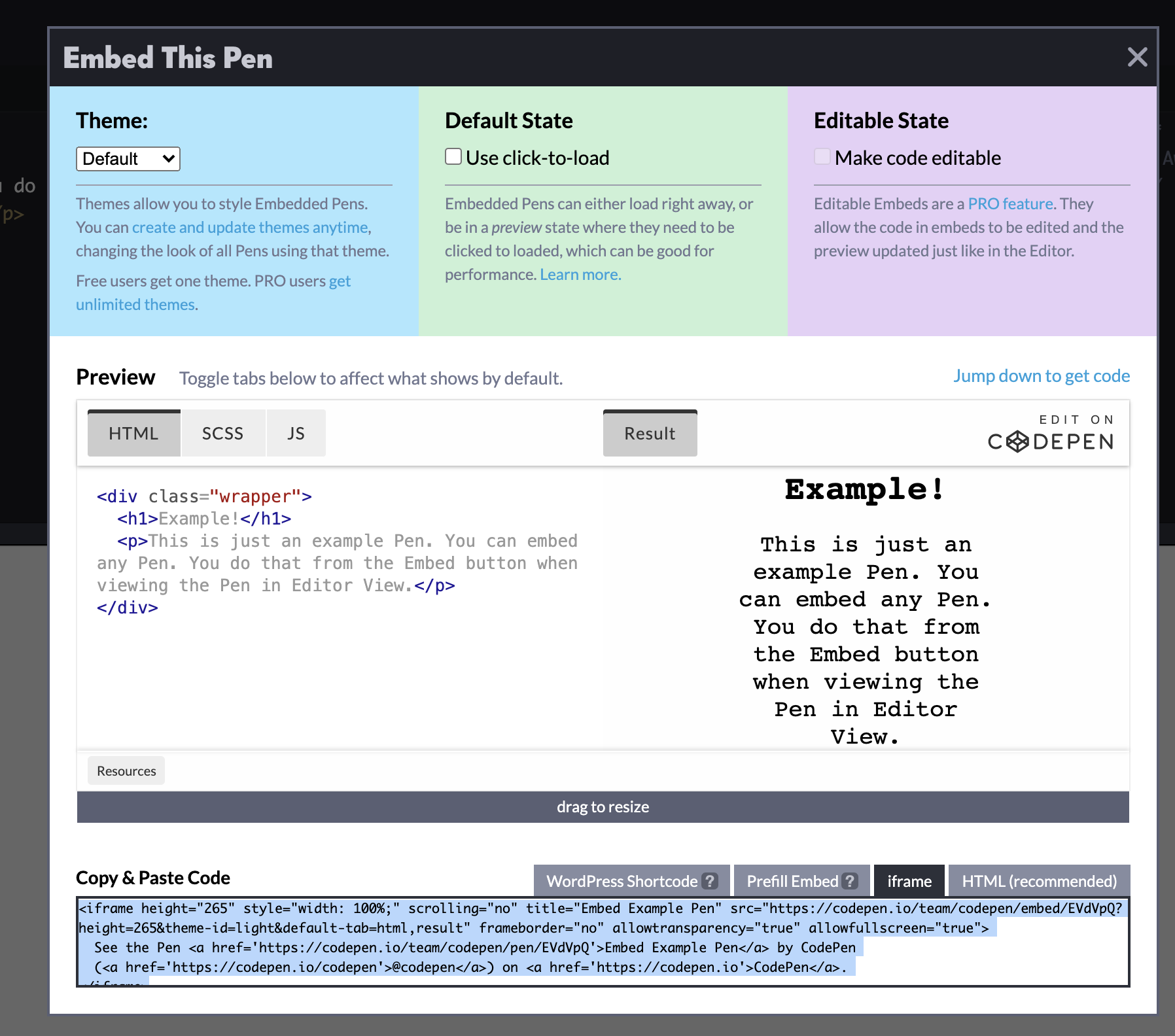 Embed window with the iframe tab open to copy the url