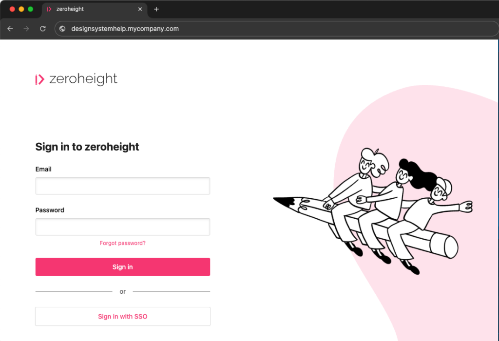 zeroheight log in page with your custom domain address in the address bar