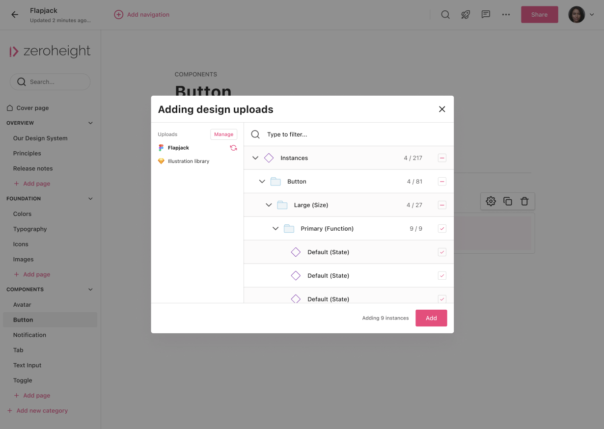 Design uploads window shows items under Instances that can be added.