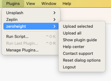 Sketch Plugins menu with zeroheight options