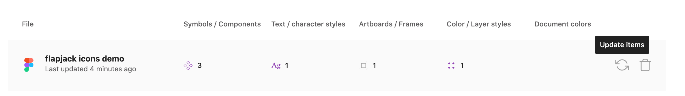 Update items function hovered over uploaded Figma file.