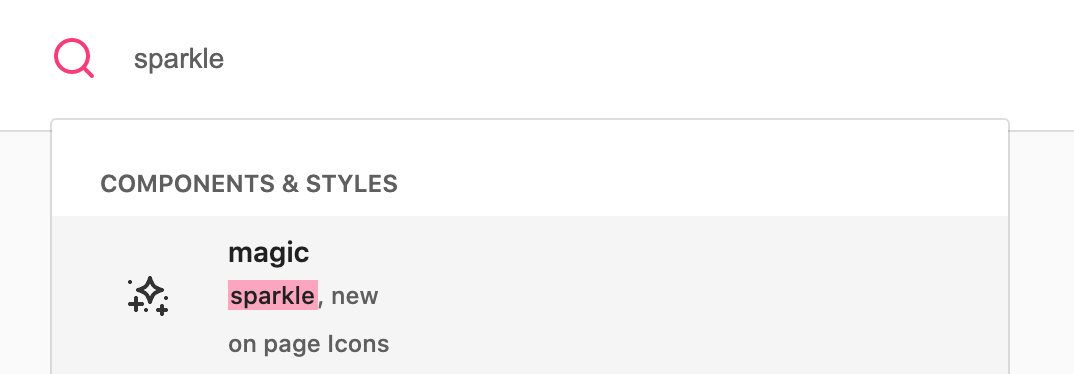 Search query for the word sparkle shows a result with the associated icon.