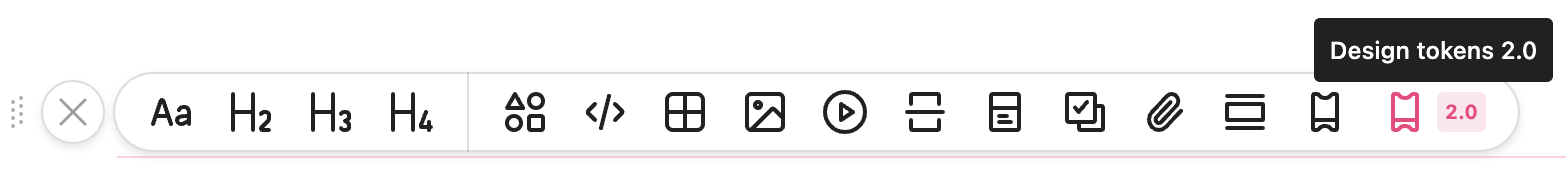 Tokens 2.0 function hovered over in the zeroheight toolbar.
