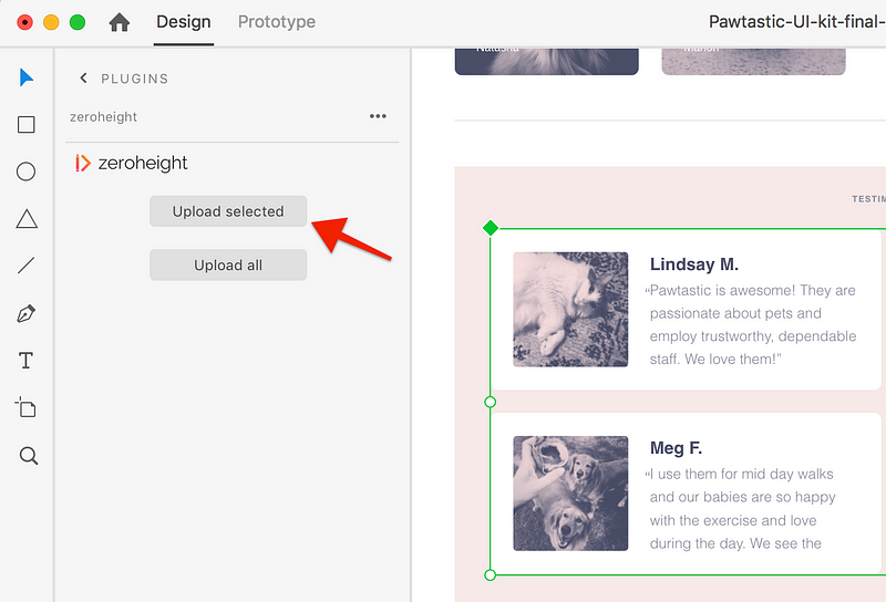 Arrow pointed to Upload selected button in Adobe XD.