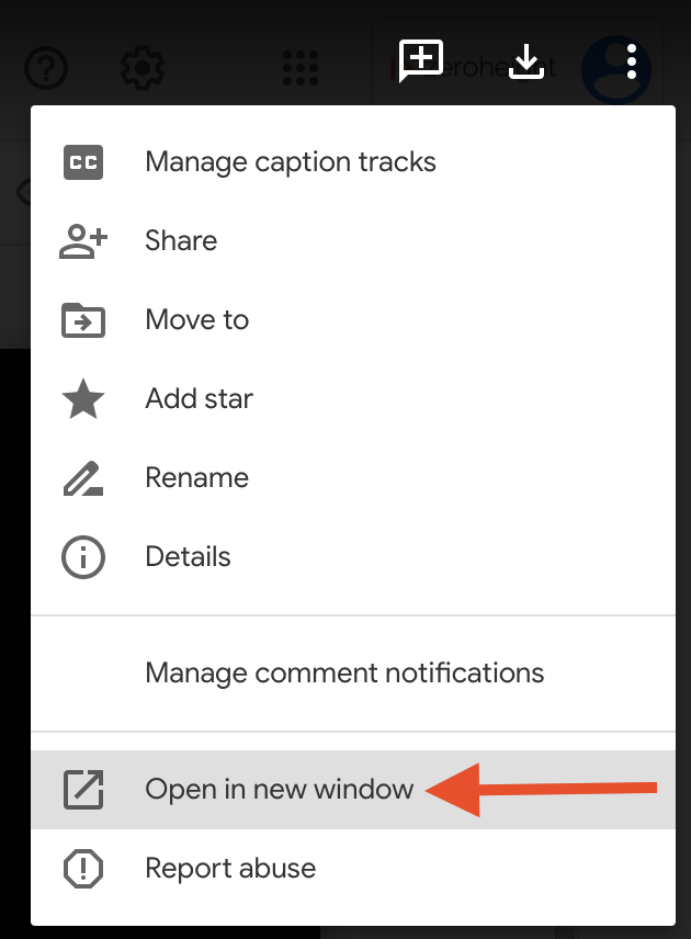 Red arrow pointing to Open in new window function