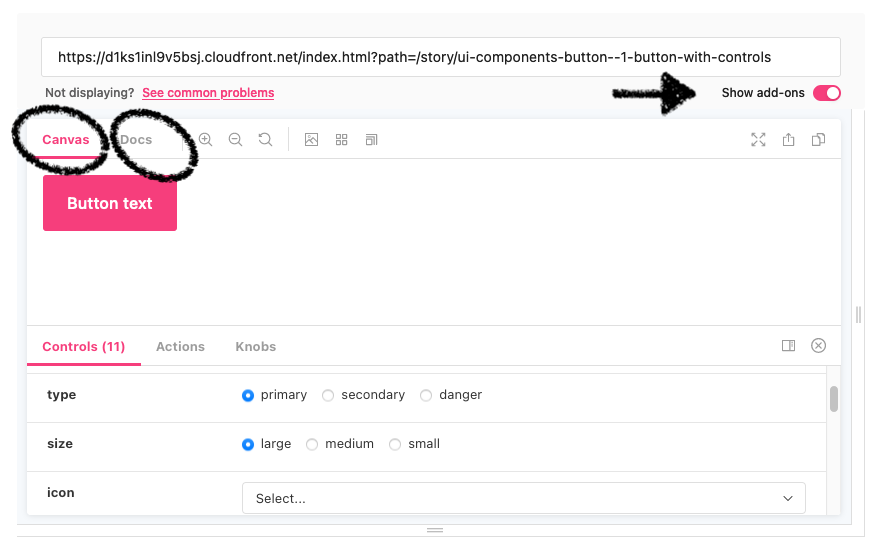 Arrow points to Show add ons function toggled on. Black circles around Canvas and Docs display options.