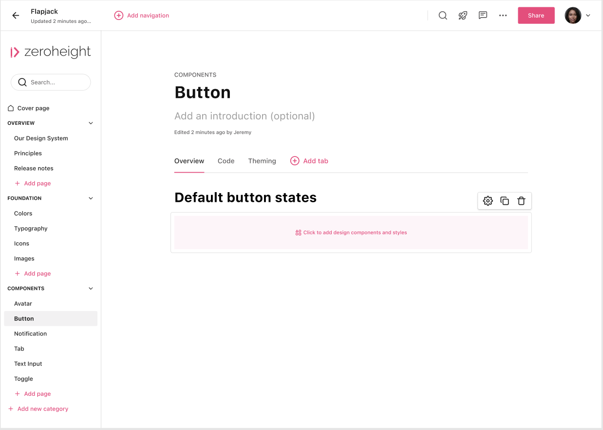 Empty button page showing the Click to add design components and styles function.