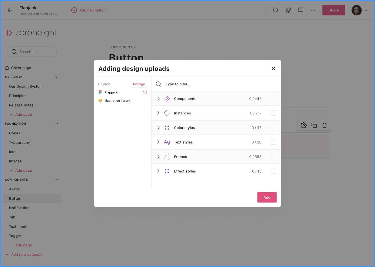Design uploads window shows instances in the list of items you can add to your styleguide.