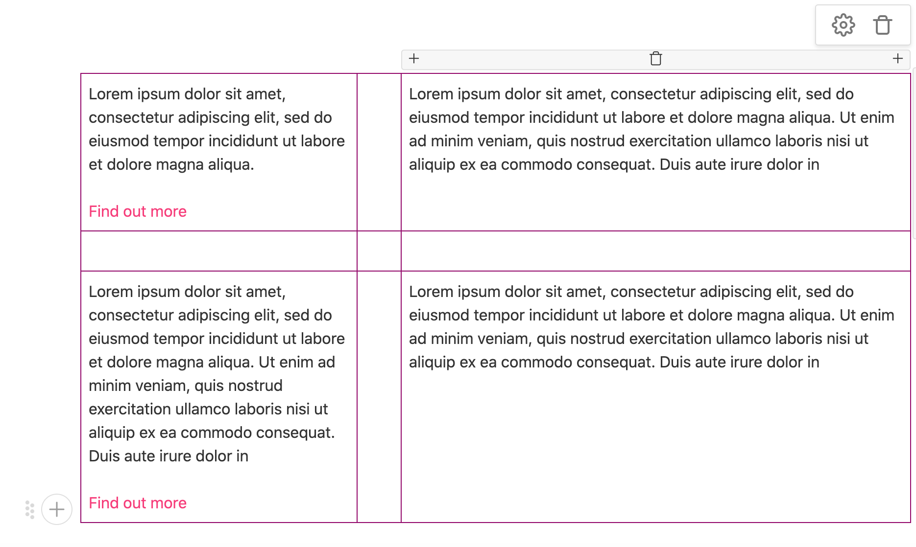 Table in editor mode