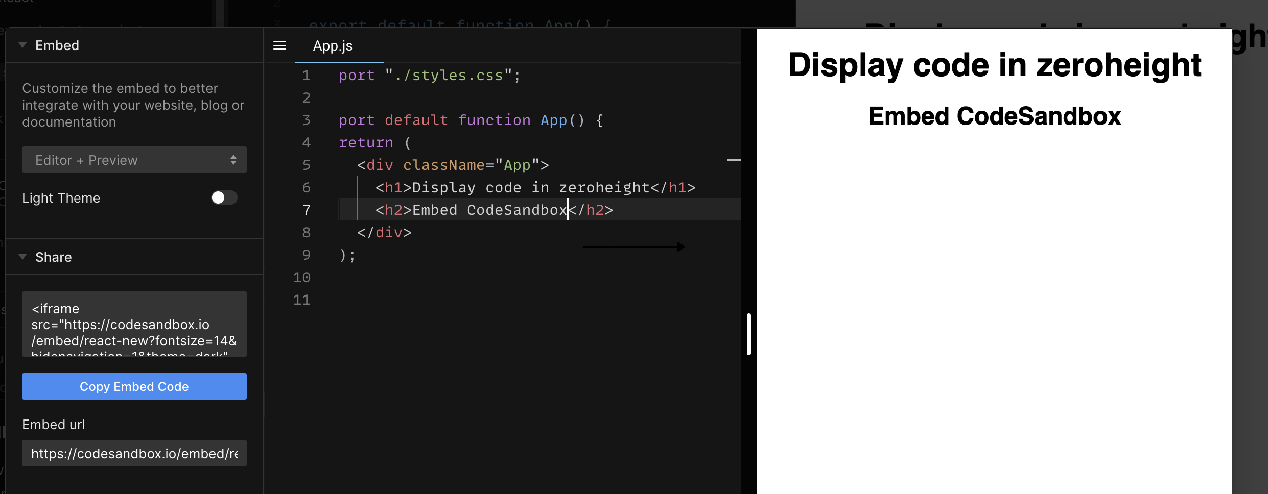 Copy Embed Code button in the Embed window in the left hand side