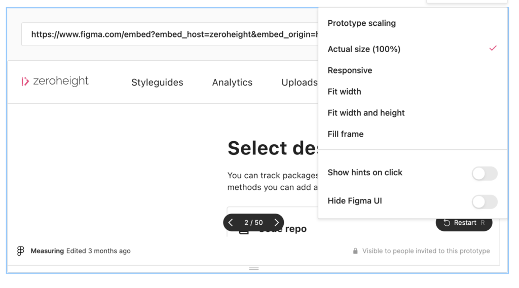Figma prototype embed with block settings shown