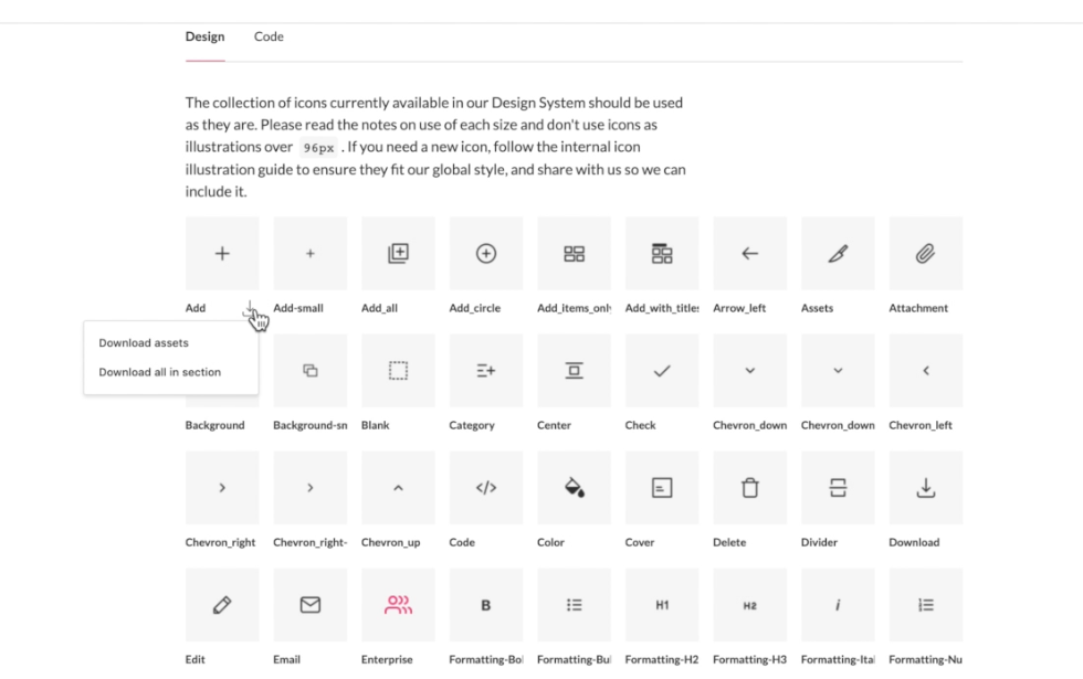 Download assets function hovered over an icon displayed in zeroheight.