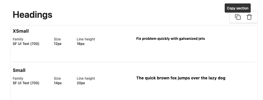 Copy section function hovered over