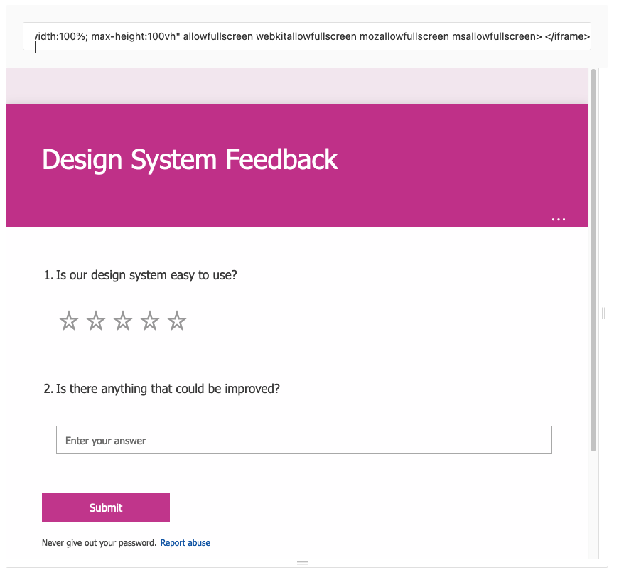 Embedded Microsoft form in the iFrame