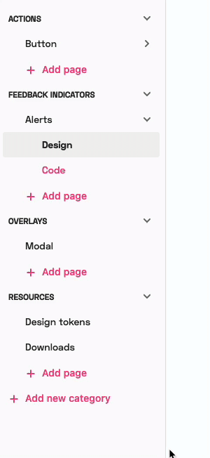 Gif showing how to move pages between categories in the sidebar