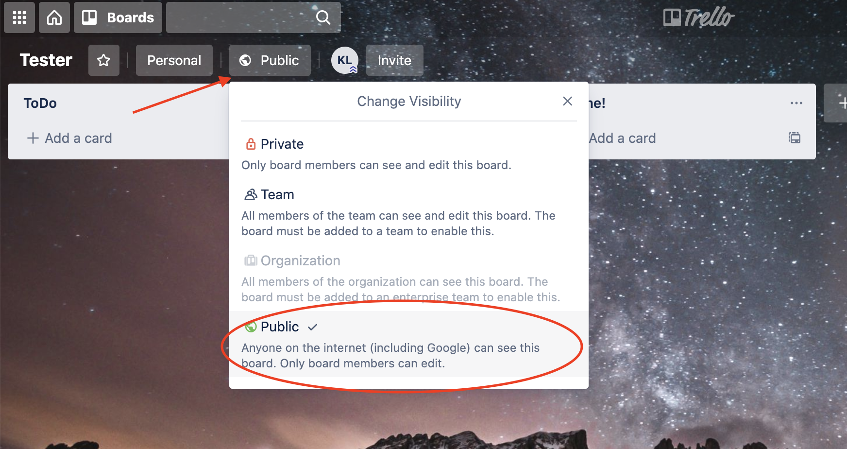 Visibility settings in Trello