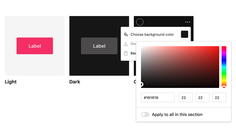 Color picker in the Choose background color function for design uploads
