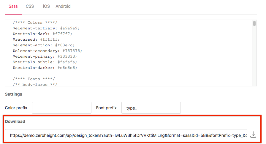 Red rectangle around download URL for your design tokens