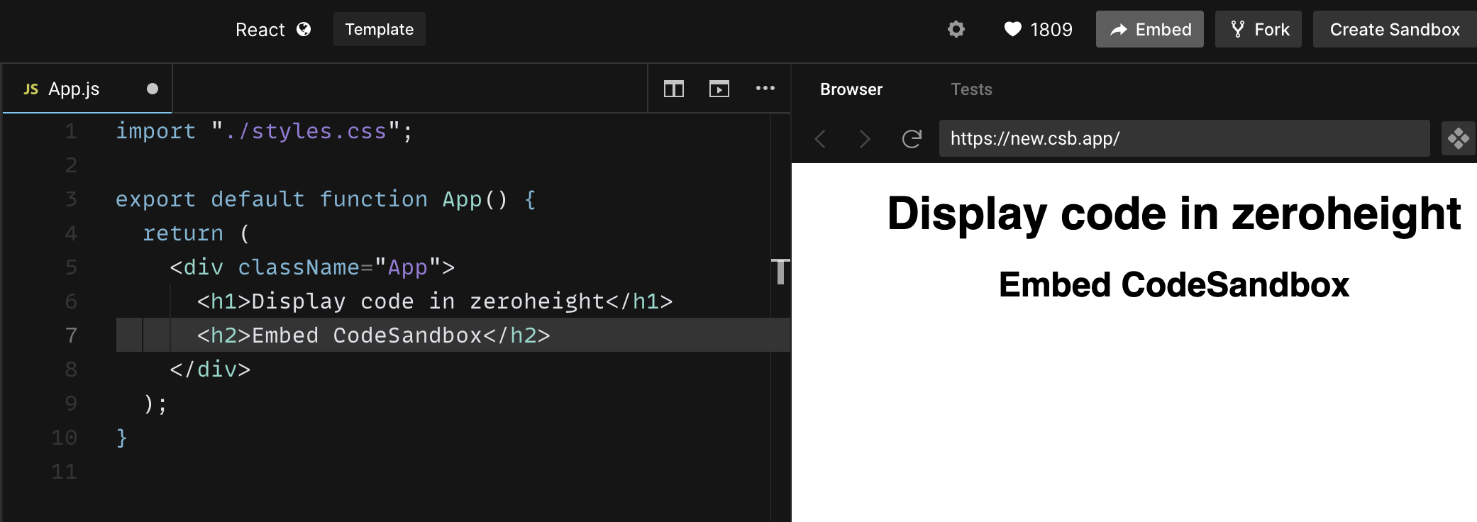 Embed button in the top right corner of Code Sandbox
